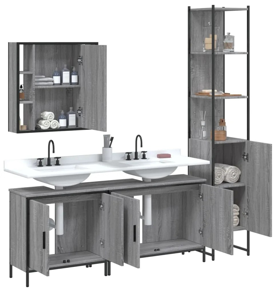 Set mobili da bagno 4 pz grigio sonoma in legno multistrato