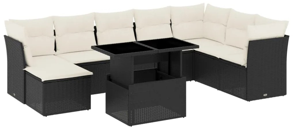 Set divani da giardino 9 pz con cuscini nero in polyrattan