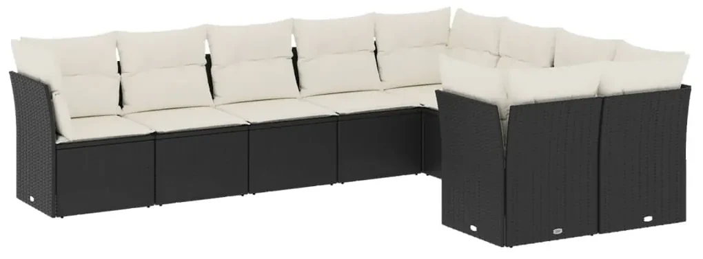 Set divani da giardino 9 pz con cuscini nero in polyrattan