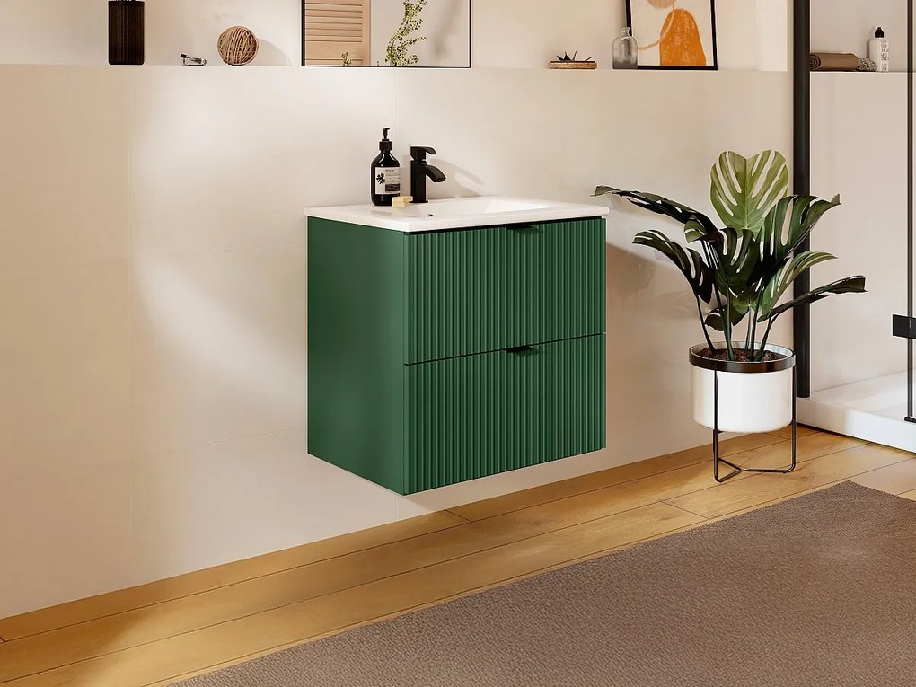 Mobile per bagno sospeso con scanalature con lavabo ad incasso - Verde opaco - 60 cm - ZEVINI