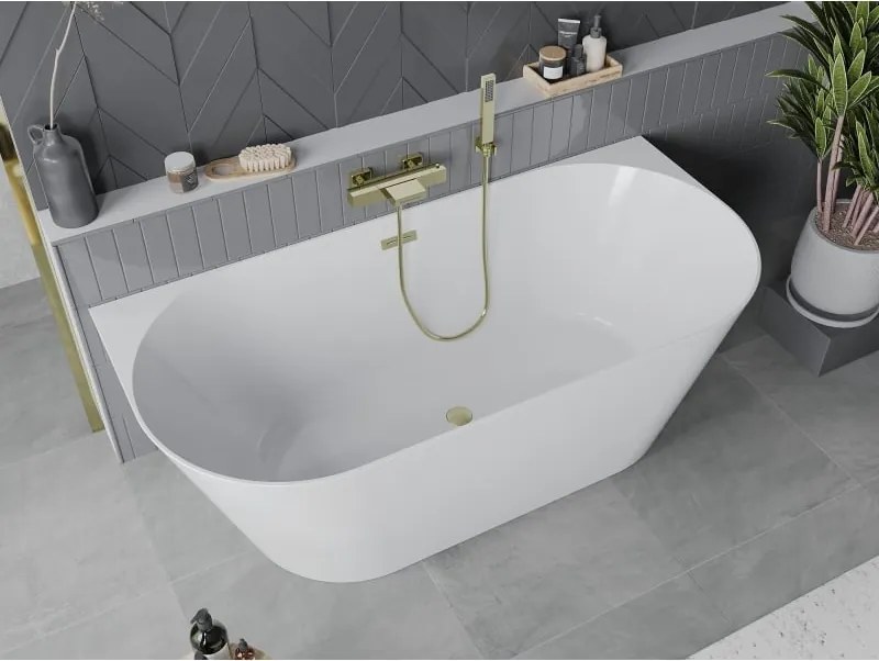 Mexen Oval Slim vasca da bagno freestanding a parete 170 x 80 cm, bianca, troppopieno oro spazzolato - 52661708000-55