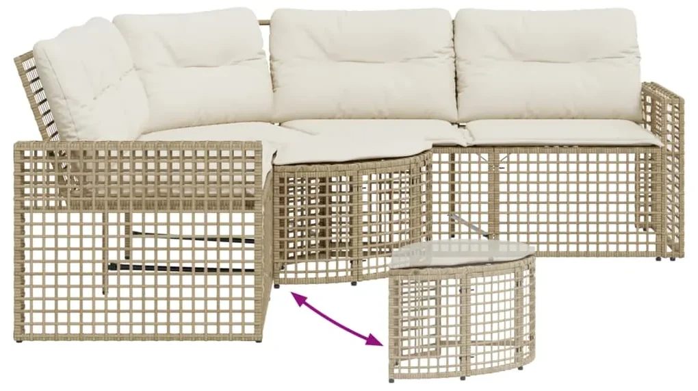 Divano da giardino a l con cuscini e pouf beige in polyrattan