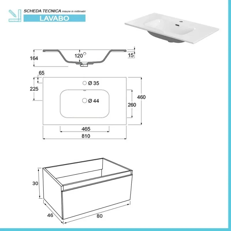 Mobile sospeso 80 cm bianco lucido doppia base lavabo e specchio Iside