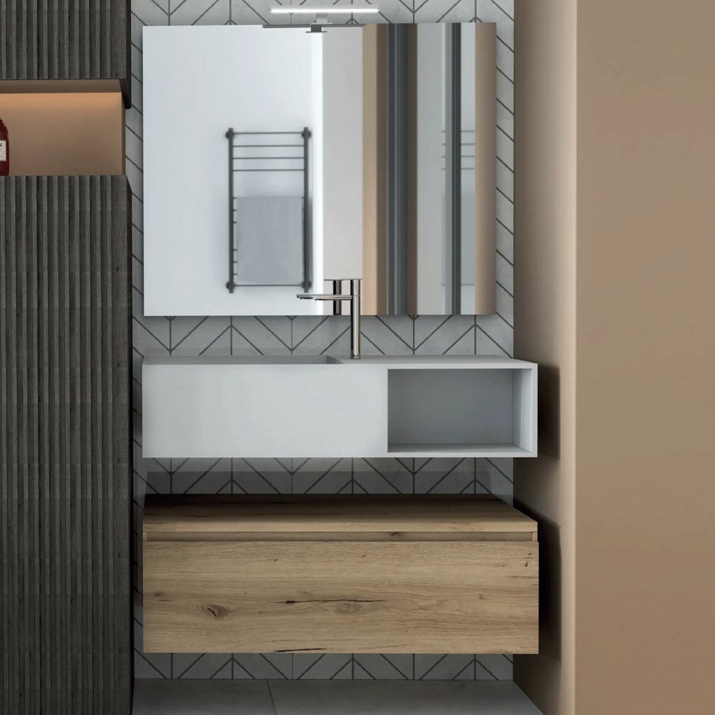 Mobile Bagno Sospeso 80 Cm Un Cassetto Specchio Filo Lucido Con Lampada Led 80x60 Cm Esseci Arredo Bagno "Surface"