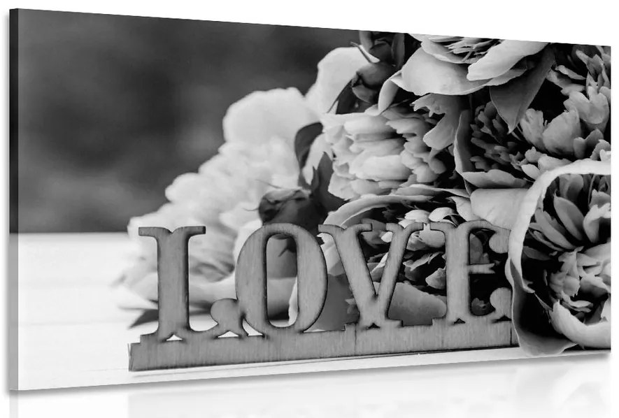 Stampa su tela – Peonie con scritta Love in bianco e nero