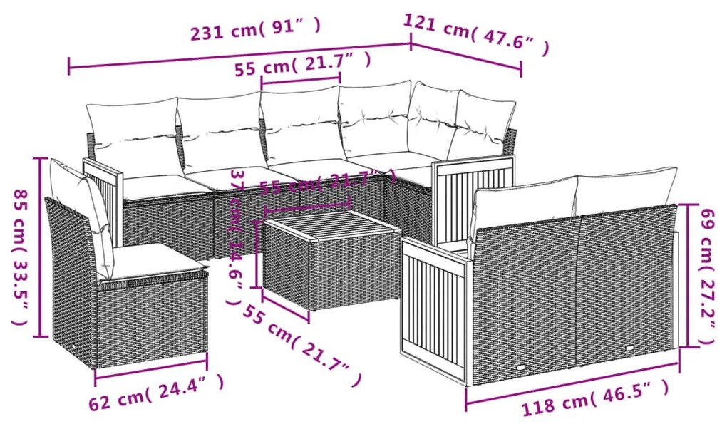 Set divani da giardino 9 pz con cuscini nero in polyrattan