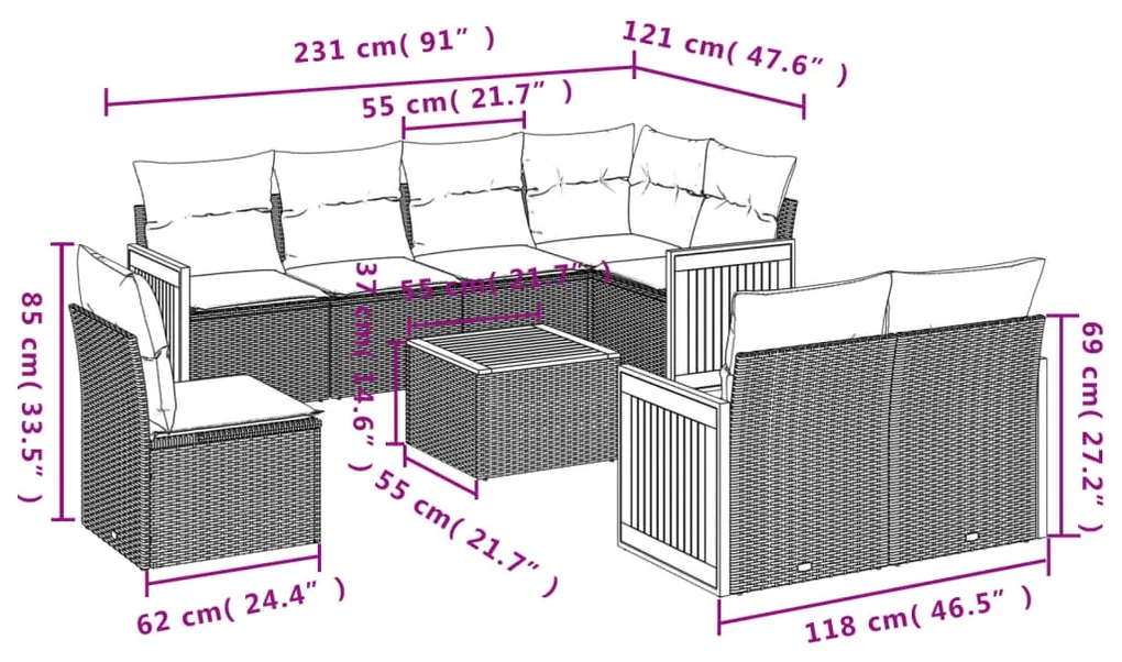 Set divani da giardino 9 pz con cuscini nero in polyrattan
