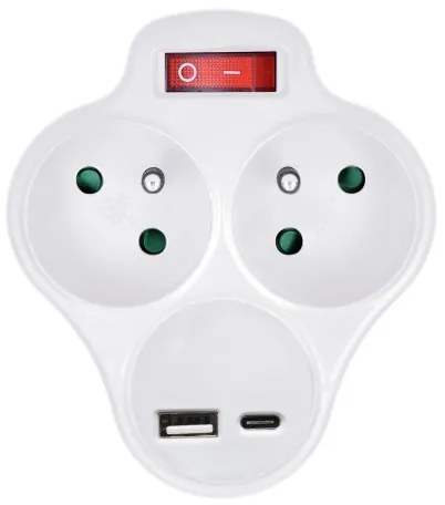 Solight P99USBC-PD20-Multipresa con un USB A+C charger e interruttore 2x10A bianco