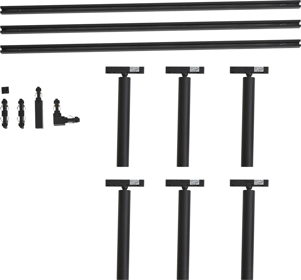 Sistema di illuminazione a binario moderno nero con 6 faretti neri monofase - Slimline Avery