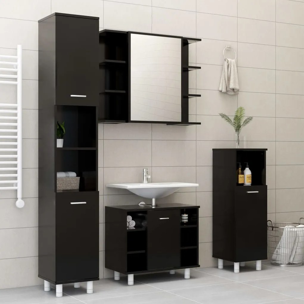 Set mobili da bagno 4 pz nero in truciolato