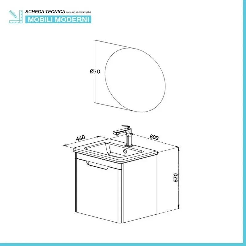 Mobile bagno sospeso 80 cm bianco lucido con specchio 70x90 Stillo