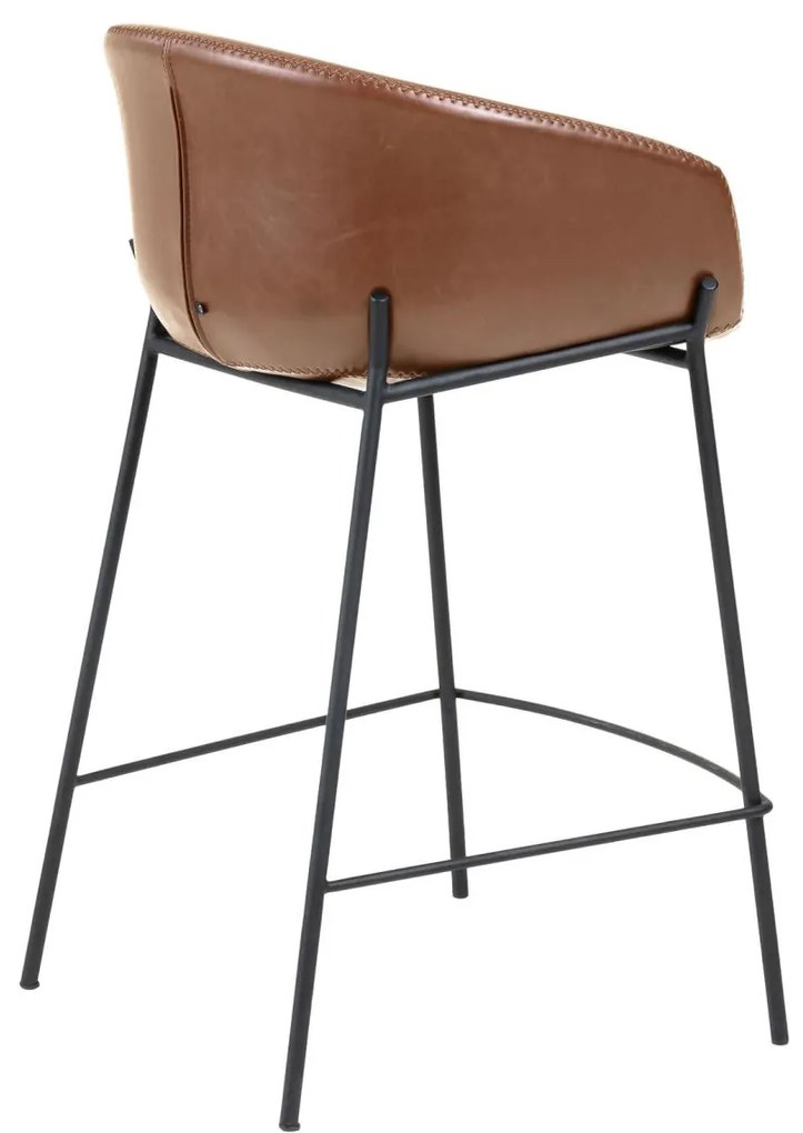 Kave Home - Sgabello Yvette in pelle sintetica marrone e gambe in acciaio nero altezza 65 cm