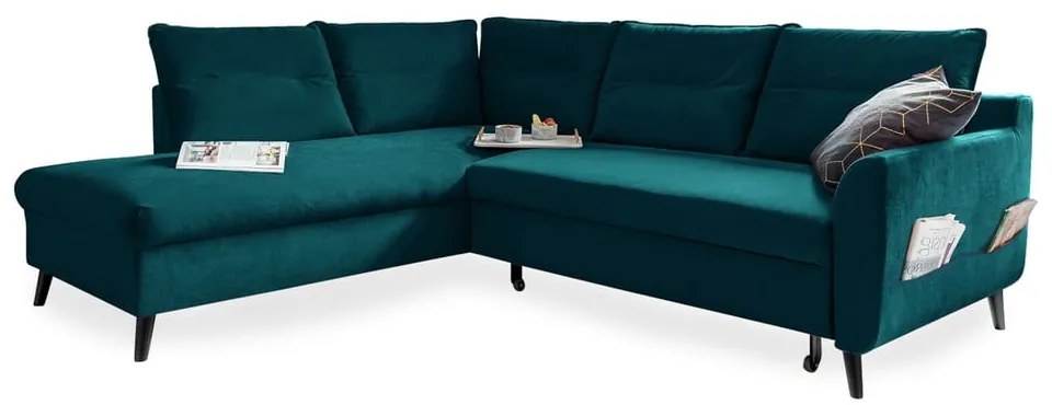 Divano letto angolare in velluto turchese L, angolo sinistro Stylish Stan - Miuform