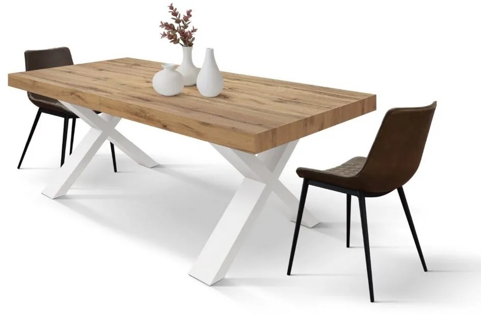 Tavolo allungabile AMALFI in legno effetto rovere rustico e gambe a X bianche, allungabile 180×90 cm – 260×90 cm