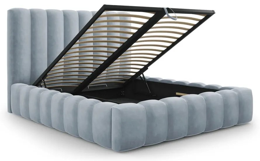 Letto matrimoniale imbottito azzurro con contenitore con griglia 180x200 cm Kelp - Micadoni Home