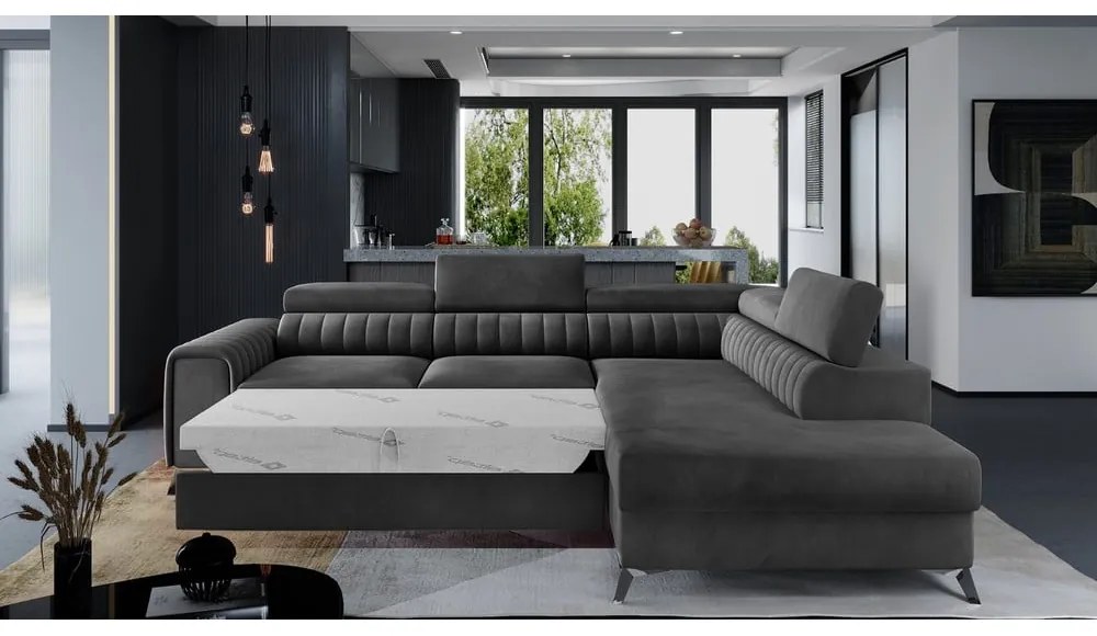 Divano angolare grigio scuro allungabile/con contenitore (con penisola a destra/a L) e rivestimento in velluto Laurence – ELTAP