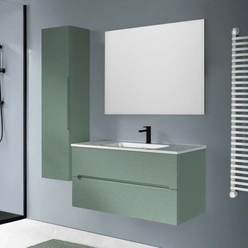 Mobile bagno sospeso 100 verde cannettato 2 cassetti lavabo e specchio Rigo