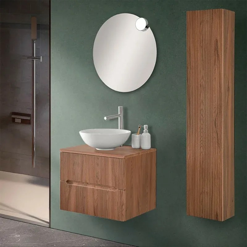Mobile bagno sospeso cannettato 60 cm noce con top e specchio Bali
