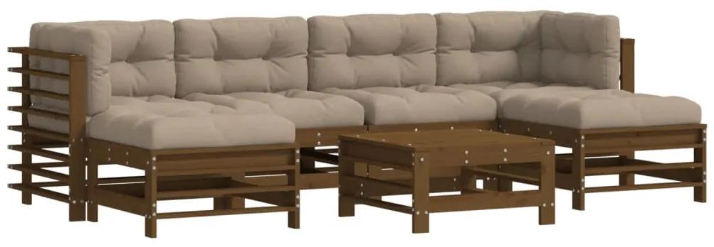 Set divani da giardino 7 pz con cuscini in legno massello miele