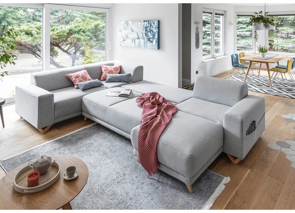 Divano angolare grigio chiaro allungabile e con contenitore (penisola a sinistra/a U) Classy Sophie – Miuform