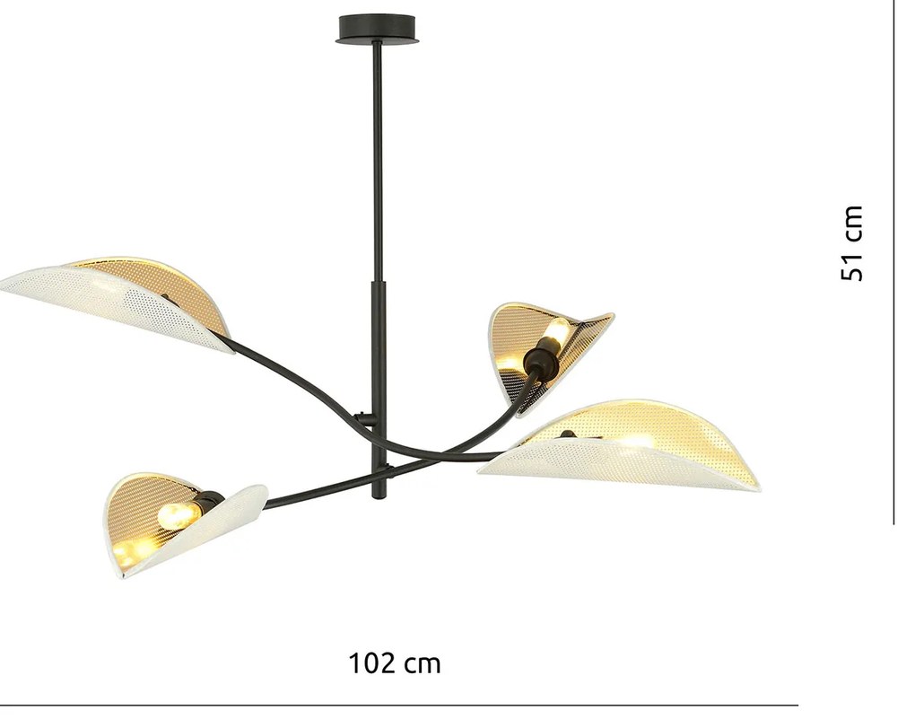 Sospensione Nordica 4 Luci Ares In Acciaio Nero Bianco E Oro Bracci Regolabili