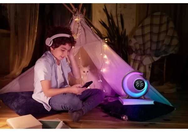 Immax 08985L-LED Lampada da tavolo dimmerabile RGBW con sveglia LED/20W/5V USB a