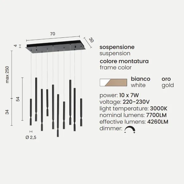 Lampada a sospensione LED a 10 Luci in metallo 70 cm verniciato Bianco e Oro TUBIC