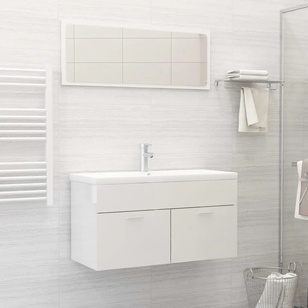Set Mobili Da Bagno 2 Pz Bianco Lucido İn Legno Multistrato /