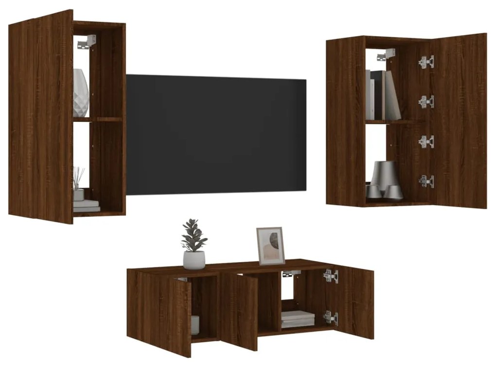 Mobili Tv A Muro Con Led 4pz Rovere Marrone Legno Multistrato /