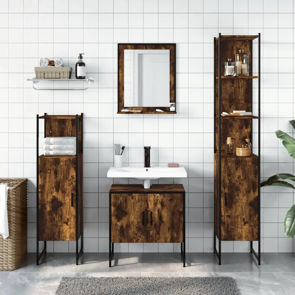 Set Mobili da Bagno 4 pz Rovere Fumo in Legno Multistrato