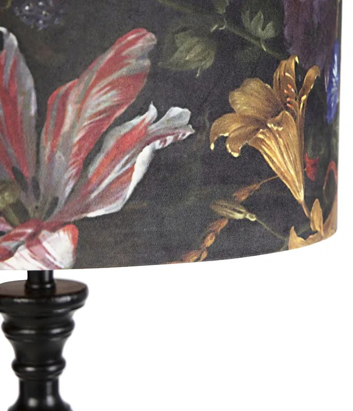 Lampada da terra nera con paralume in velluto a fiori oro 50 cm - Classico