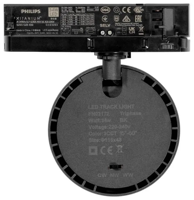 Faro LED 34W,Trifase, Regolabile 15°-60° Nero con driver Philips CRI97 UGR11 Colore Bianco Variabile CCT