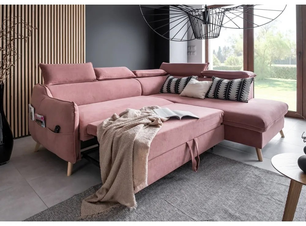 Divano letto angolare in velluto rosa chiaro (angolo destro) Sweet Harmony - Miuform