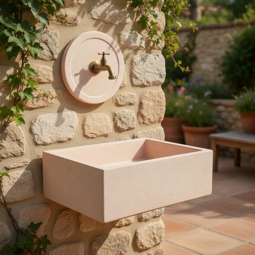 Lavello Rettangolare da Esterno 45x35 cm con Rosone Installazione a Muro in Cemento Madrid Rosa Antico...