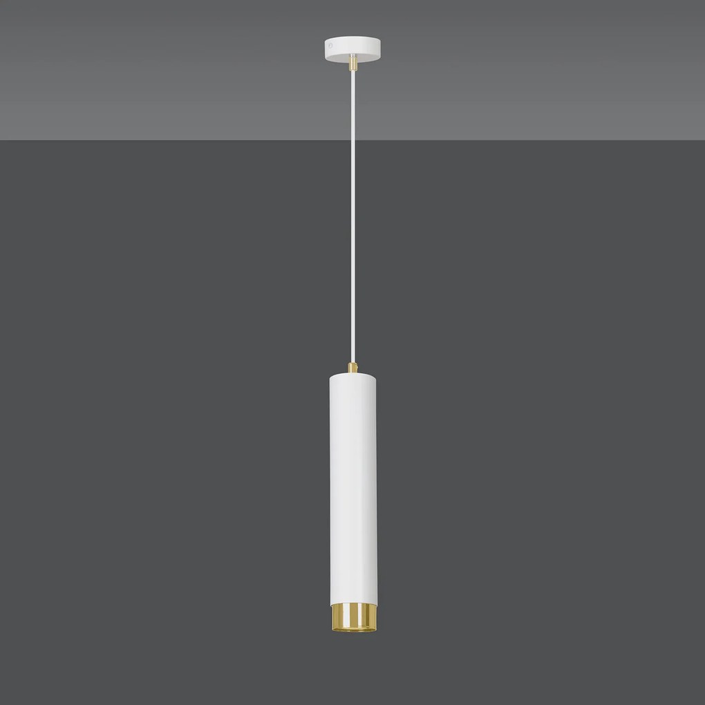 Sospensione 1 Luce Brunilde In Acciaio Bianco Con Tubolare In Bianco E Oro