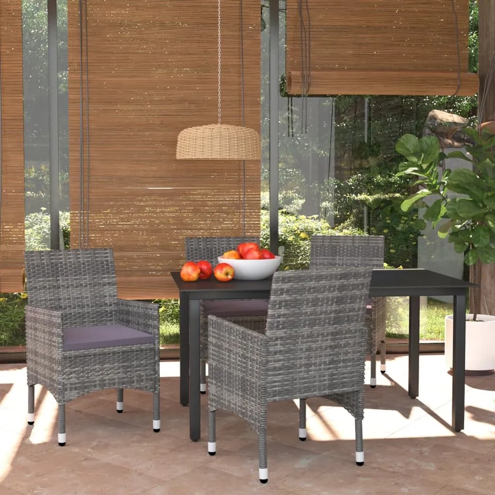 Set da pranzo per giardino 5 pz con cuscini polyrattan grigio