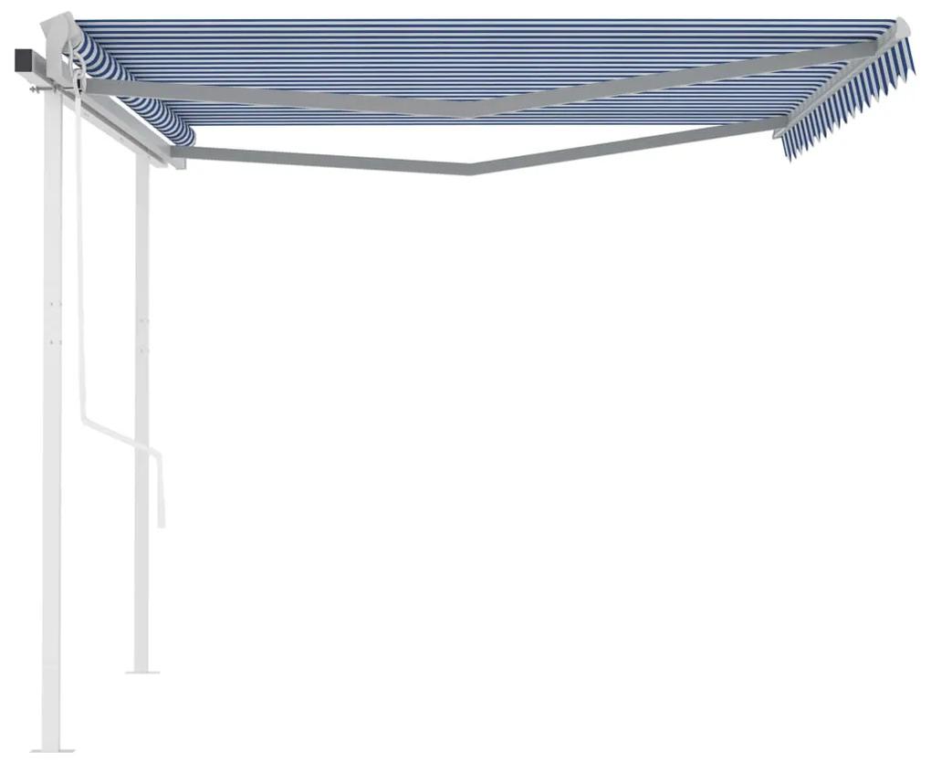 Tenda da Sole Retrattile Automatica e Pali 4,5x3 m Blu e Bianca