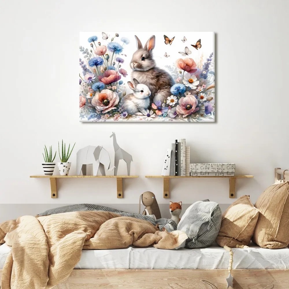 Quadro su tela – Coniglietti in giardino primaverile in fiore