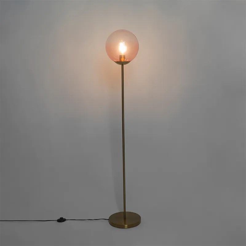 Lampada da terra Art Déco in ottone con vetro rosa - Pallon
