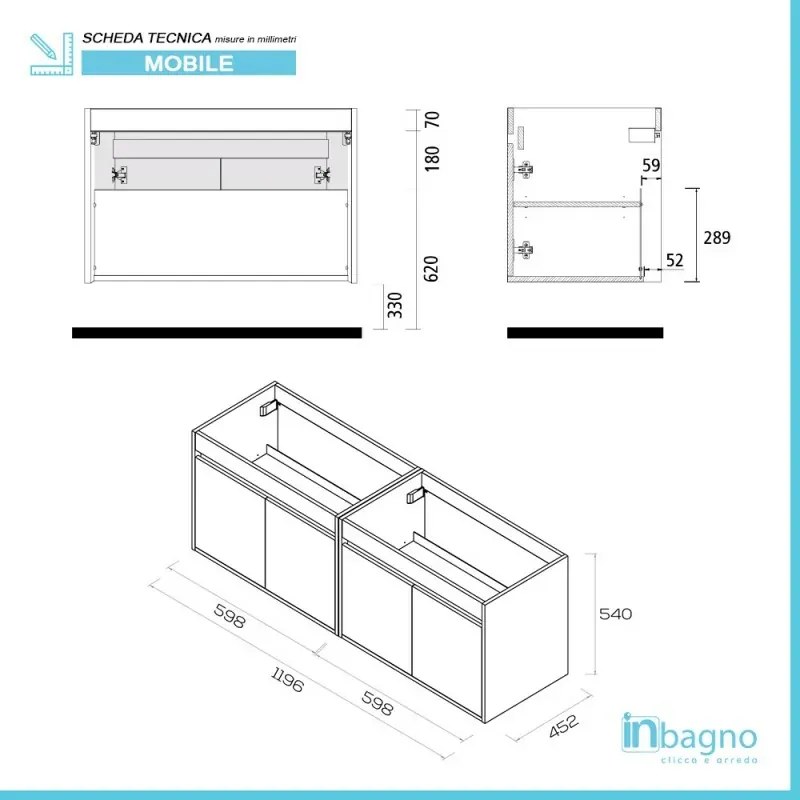 Doppio mobile da 120 cm con 4 ante, doppio lavabo e specchio Mavi grigio grafite