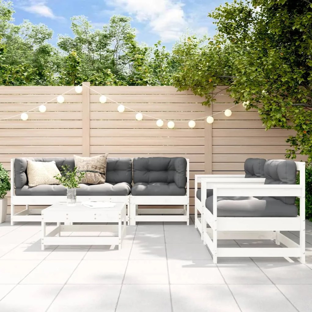 Set divani da giardino 6pz con cuscini in legno massello bianco