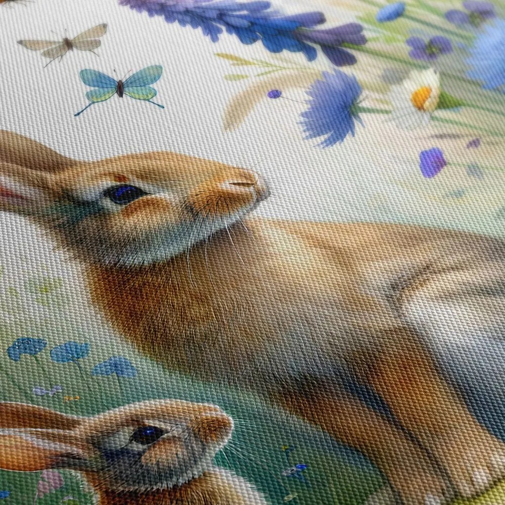 Quadro su tela – Coniglietti su prato fiorito di primavera