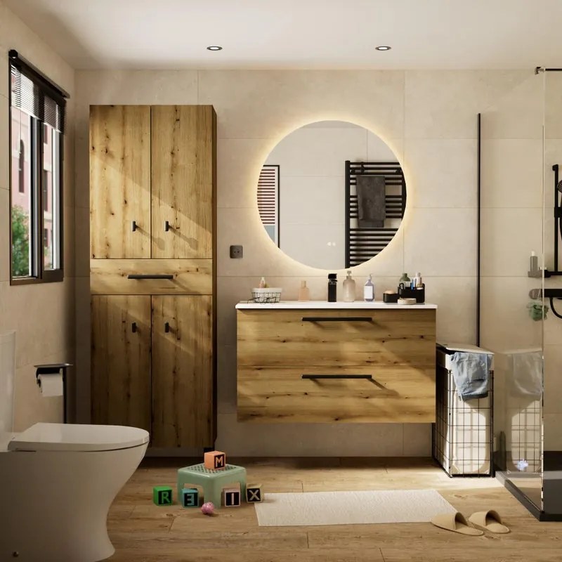 Mobile bagno sospeso con lavabo L 100 x H 57,7 x P 45 cm rovere rustico truciolare 2 cassetti | Remix