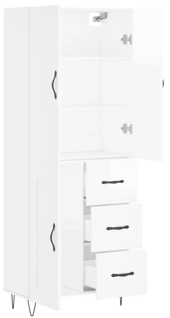 Credenza Bianco Lucido 69,5x34x180 cm in Legno Multistrato