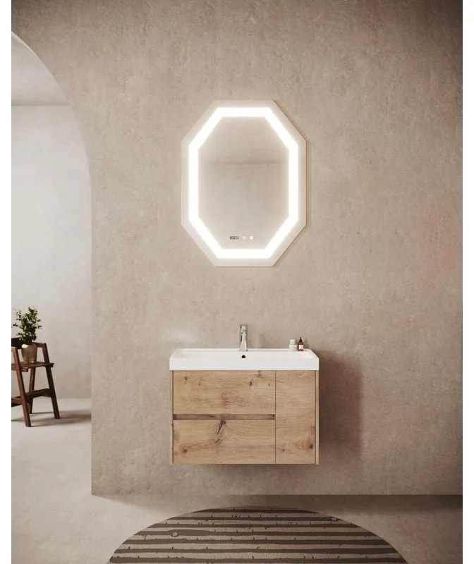 Mobile bagno sospeso con lavabo Portofino L 80 x H 51 x P 40 cm Rovere Oro in mdf 1 anta 2 cassetti per vasca centrale effetto legno