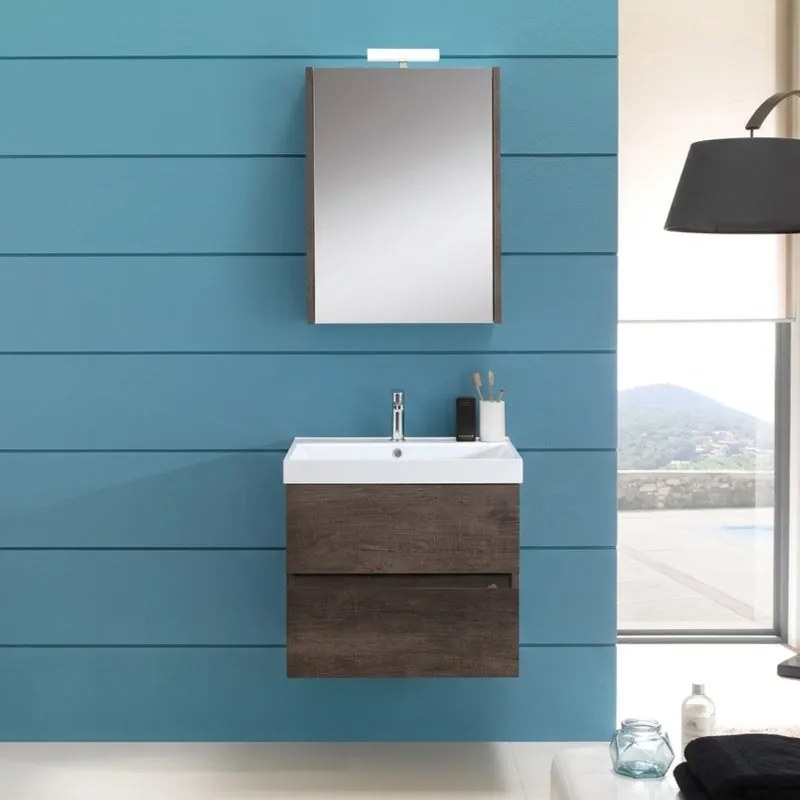 Mobile bagno sospeso con lavabo L 60 x H 57 x P 46 cm rovere scuro in truciolare 2 cassetti per vasca centrale Kora