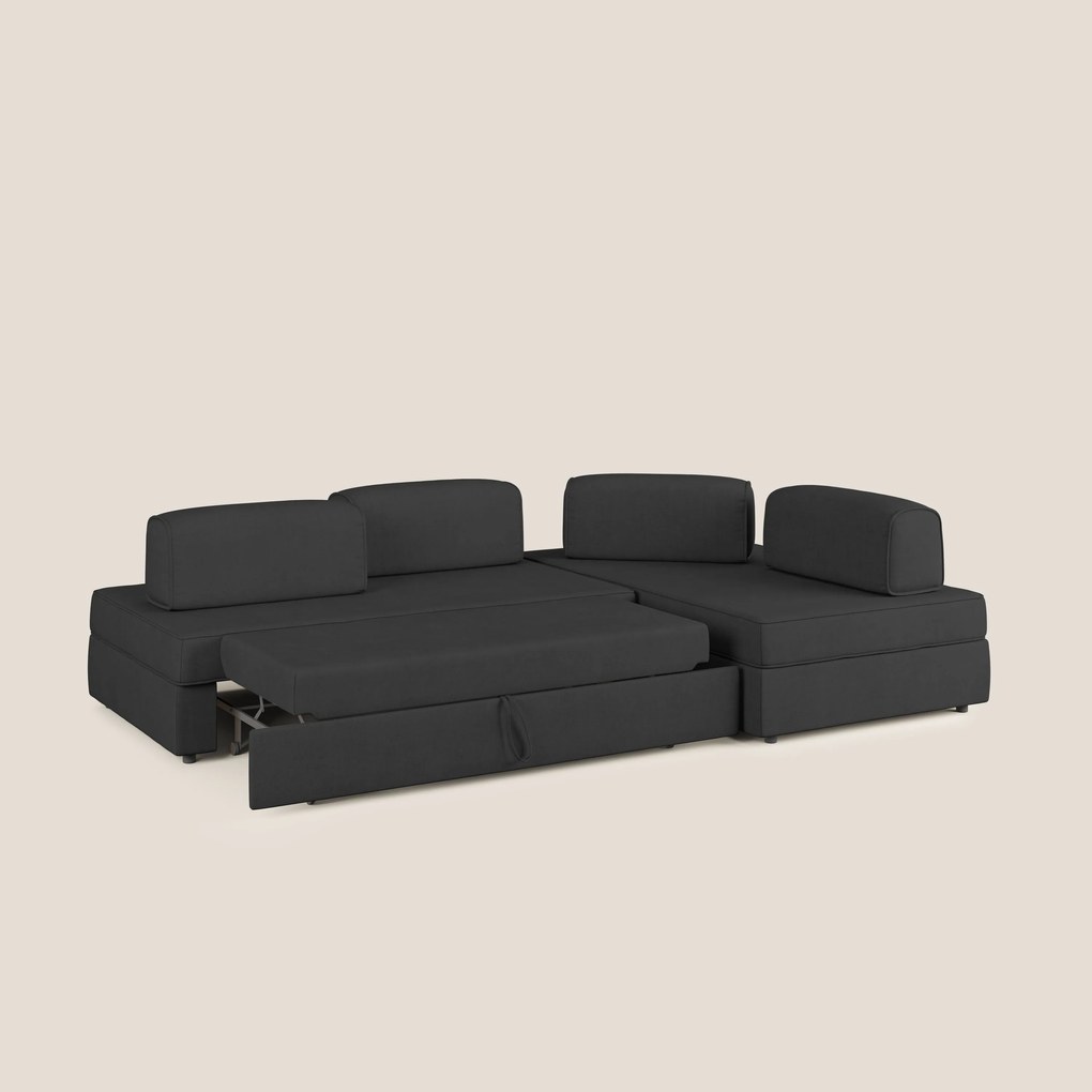 Liberty divano angolare con pouf estraibile e schienali movibili in tessuto morbido impermeabile T02 nero