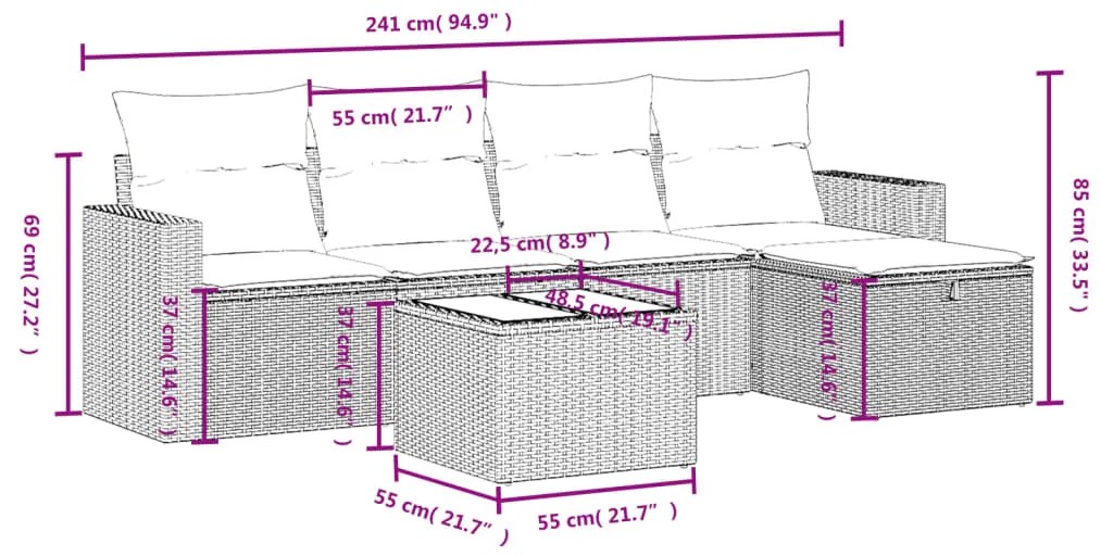 Set divano da giardino 6 pz con cuscini marrone in polyrattan