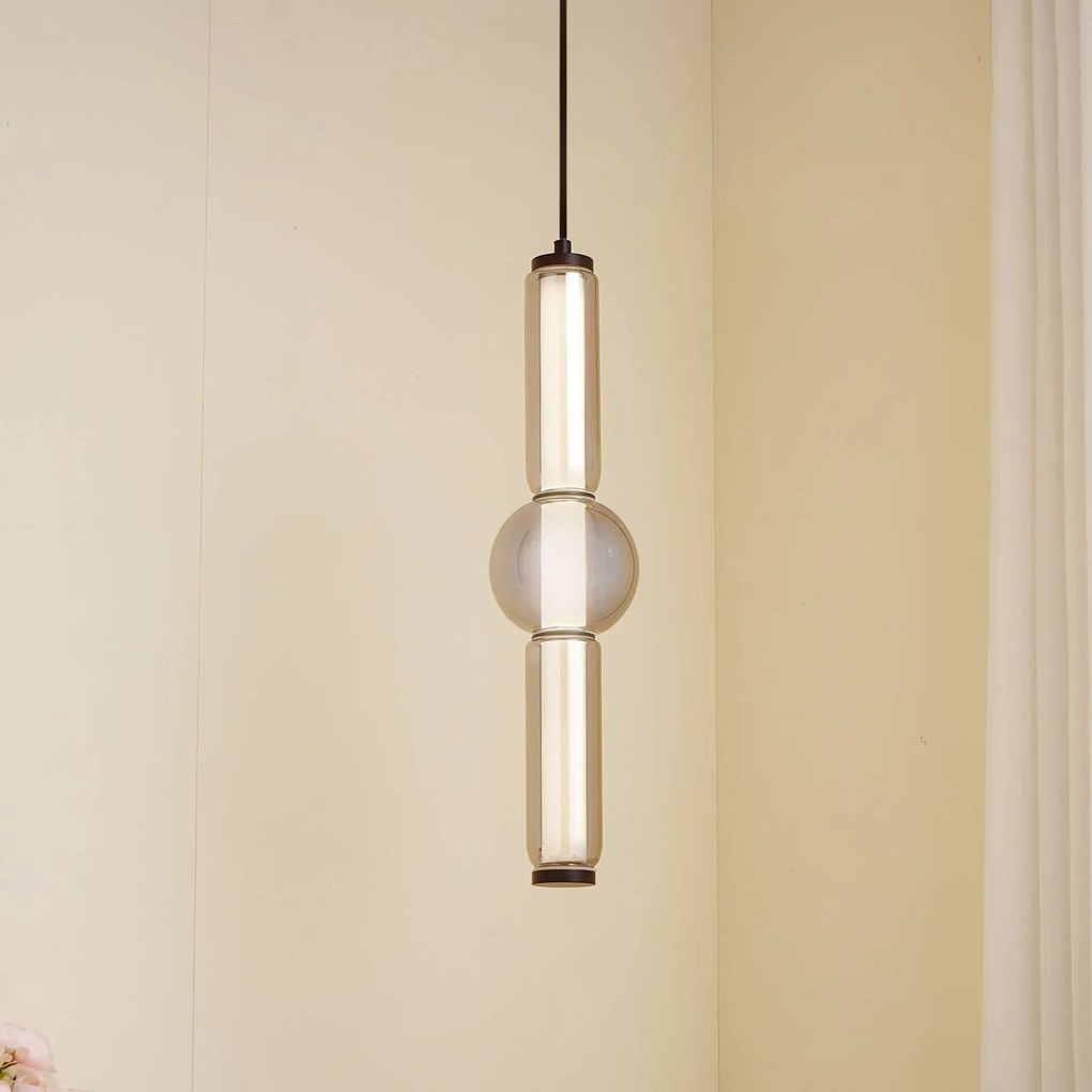 Lucande lampada LED a sospensione Savete, grigio fumo, vetro, Ø 12 cm Savete, Alluminio / Grigio / Zincato, Soggiorno / Sala da pranzo, Vetro, Moderno