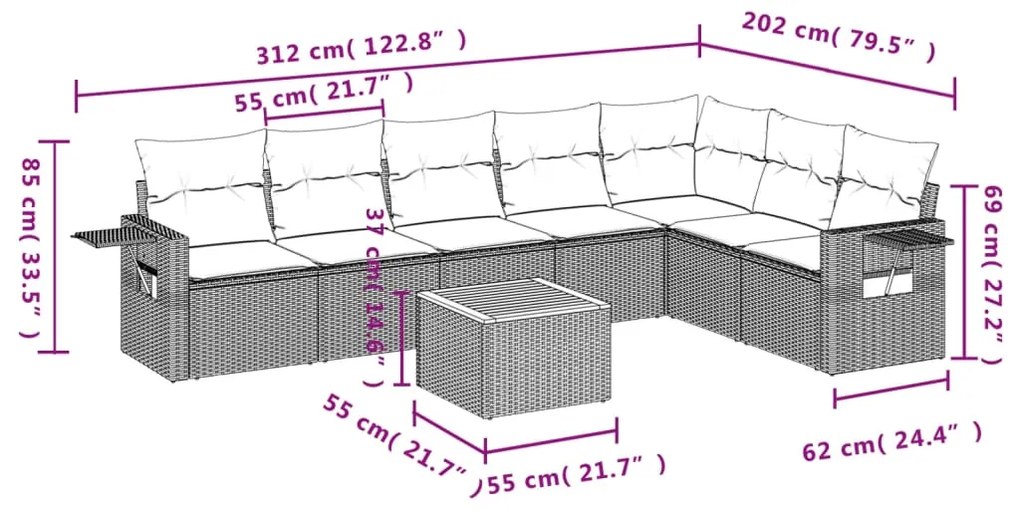 Set divano da giardino 8 pz con cuscini grigio in polyrattan